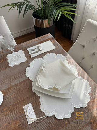 Cloud Design Off White Placemat Set - Waterproof Fabric - 6 Persons - 24 Pcs. Full Set