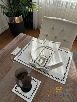 Leafy Allure Cornered Black Design Placemat Set - Waterproof Fabric - 6 Persons - 24 Pcs. Full Set