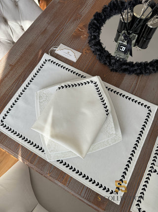 Leafy Allure Cornered Black Design Placemat Set - Waterproof Fabric - 6 Persons - 24 Pcs. Full Set