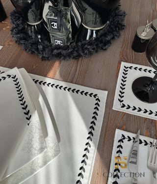 Leafy Allure Cornered Black Design Placemat Set - Waterproof Fabric - 6 Persons - 24 Pcs. Full Set