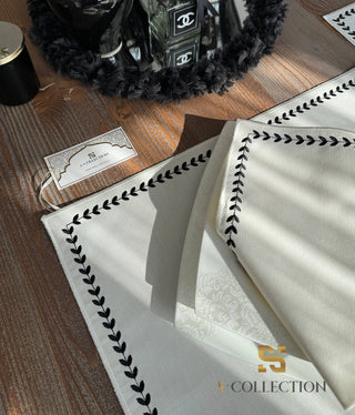 Leafy Allure Cornered Black Design Placemat Set - Waterproof Fabric - 6 Persons - 24 Pcs. Full Set