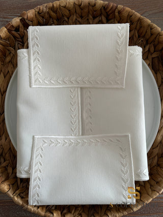 Leafy Allure Design Bread Basket Napkin - Waterproof Fabric - Off White Embroidered