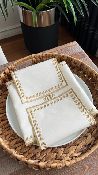 Leafy Allure Design Bread Basket Napkin - Waterproof Fabric - Gold Embroidered