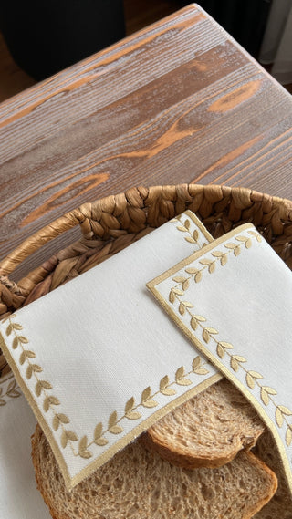 Leafy Allure Design Bread Basket Napkin - Waterproof Fabric - Gold Embroidered