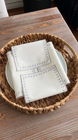 Leafy Allure Design Bread Basket Napkin - Waterproof Fabric - Silver Embroidered