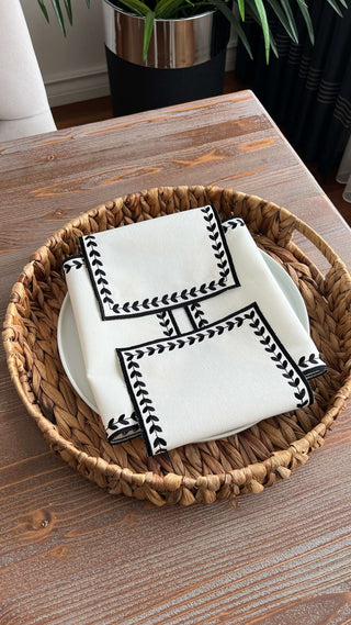 Leafy Allure Design Bread Basket Napkin - Waterproof Fabric - Black Embroidered