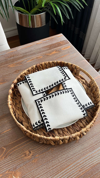 Leafy Allure Design Bread Basket Napkin - Waterproof Fabric - Black Embroidered