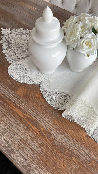 Bella Design Runner - Linen Fabric - Off White Lace