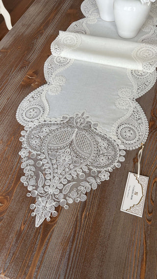 Bella Design Runner - Linen Fabric - Off White Lace