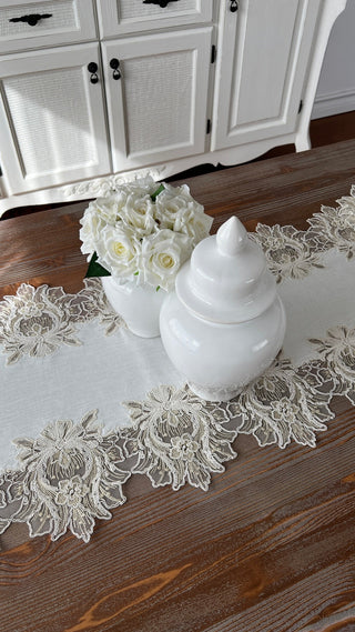 Celeste Design Runner - Linen Fabric - Gold Lace