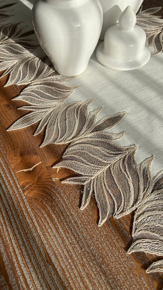 Lotus Design Runner - Linen Fabric - Brown Lace