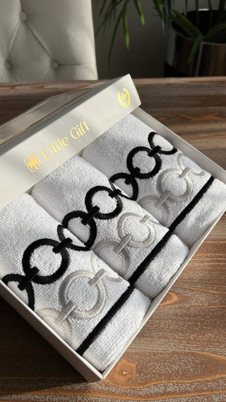 Contrast Design Gift Towel Set - Silver and Black Embroidered