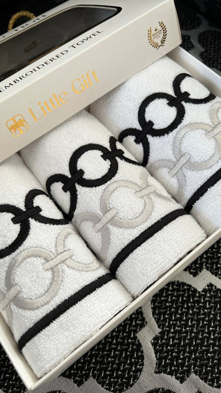 Contrast Design Gift Towel Set - Silver and Black Embroidered