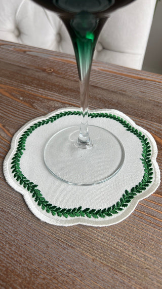 Leafy Allure Design Cocktail Napkin - Waterproof Fabric - Green Embroidered