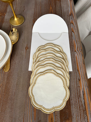 Leafy Allure Design Cocktail Napkin - Waterproof Fabric - Gold Embroidered