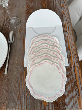 Leafy Allure Design Cocktail Napkin - Waterproof Fabric - Pink Embroidered