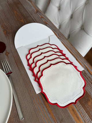 Elise Design Cocktail Napkin - Waterproof Fabric - Red Embroidered