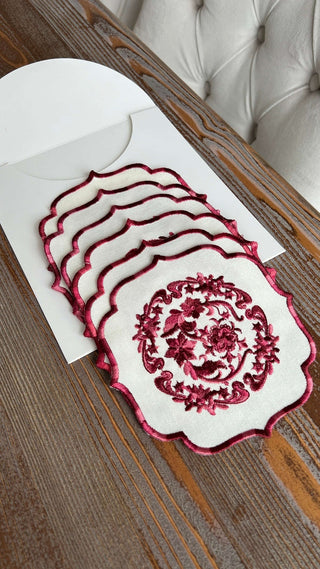 Bouquet Design Cocktail Napkin - Waterproof Fabric - Burgundy Embroidered