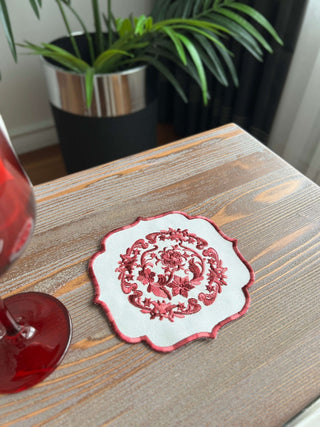 Bouquet Design Cocktail Napkin - Waterproof Fabric - Burgundy Embroidered