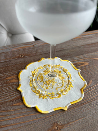 Bouquet Design Cocktail Napkin - Waterproof Fabric - Yellow Embroidered