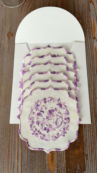 Bouquet Design Cocktail Napkin - Waterproof Fabric - Purple Embroidered