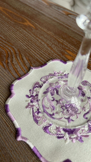 Bouquet Design Cocktail Napkin - Waterproof Fabric - Purple Embroidered