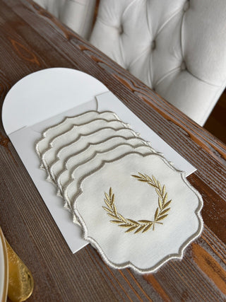 Laurel Wreath Shine Gold Design Cocktail Napkin - Waterproof Fabric - Shine Silver Border Embroidered