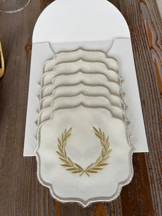 Laurel Wreath Shine Gold Design Cocktail Napkin - Waterproof Fabric - Shine Silver Border Embroidered