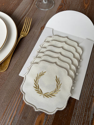 Laurel Wreath Shine Gold Design Cocktail Napkin - Waterproof Fabric - Shine Silver Border Embroidered