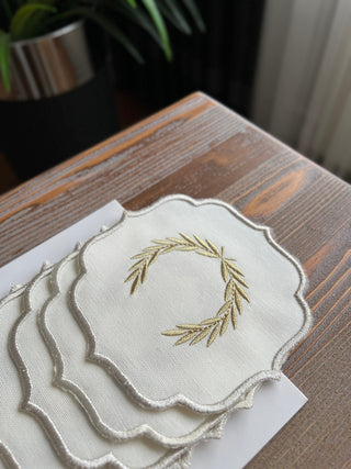 Laurel Wreath Shine Gold Design Cocktail Napkin - Waterproof Fabric - Shine Silver Border Embroidered