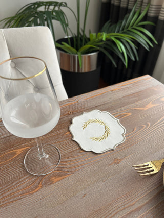 Laurel Wreath Shine Gold Design Cocktail Napkin - Waterproof Fabric - Shine Silver Border Embroidered