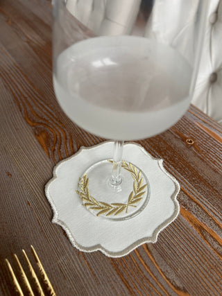 Laurel Wreath Shine Gold Design Cocktail Napkin - Waterproof Fabric - Shine Silver Border Embroidered