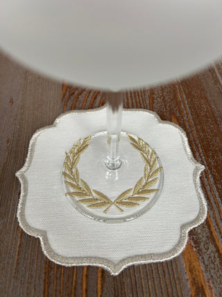 Laurel Wreath Shine Gold Design Cocktail Napkin - Waterproof Fabric - Shine Silver Border Embroidered