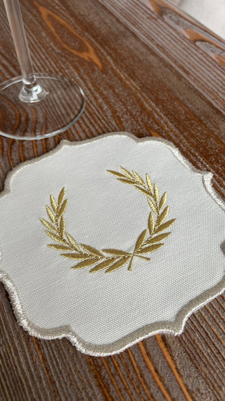 Laurel Wreath Shine Gold Design Cocktail Napkin - Waterproof Fabric - Shine Silver Border Embroidered