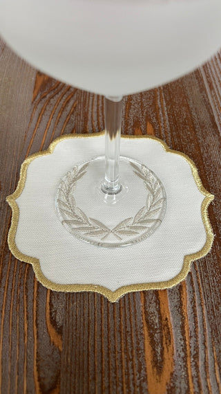 Laurel Wreath Shine Silver Design Cocktail Napkin - Waterproof Fabric - Shine Gold Border Embroidered