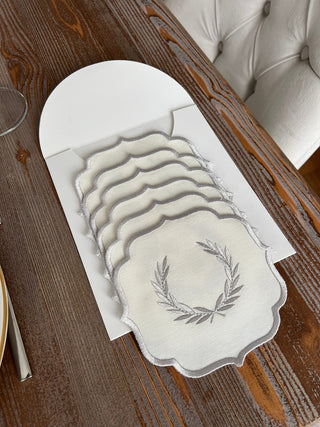 Laurel Wreath Design Cocktail Napkin - Waterproof Fabric - Silver Embroidered