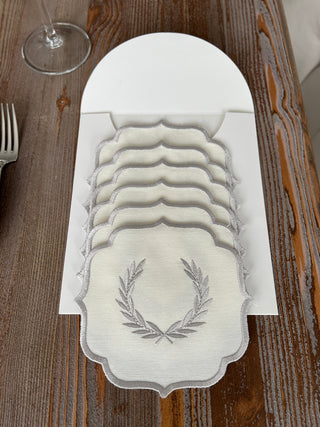 Laurel Wreath Design Cocktail Napkin - Waterproof Fabric - Silver Embroidered