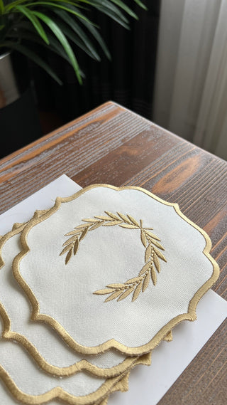 Laurel Wreath Design Cocktail Napkin - Waterproof Fabric - Gold Embroidered