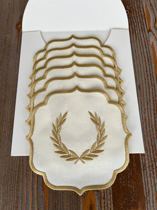 Laurel Wreath Design Cocktail Napkin - Waterproof Fabric - Gold Embroidered