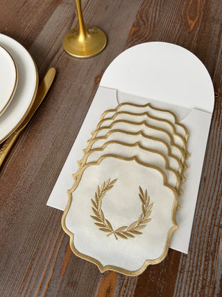 Laurel Wreath Design Cocktail Napkin - Waterproof Fabric - Gold Embroidered