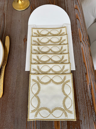 Olive Branch Design Cocktail Napkin - Waterproof Fabric - Shine Gold Embroidered