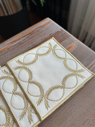 Olive Branch Design Cocktail Napkin - Waterproof Fabric - Shine Gold Embroidered