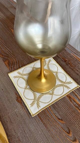 Olive Branch Design Cocktail Napkin - Waterproof Fabric - Shine Gold Embroidered