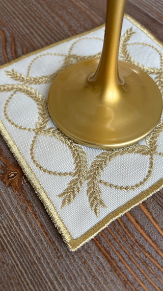 Olive Branch Design Cocktail Napkin - Waterproof Fabric - Shine Gold Embroidered