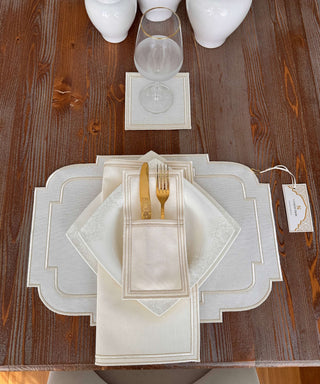 Nova Belle Design Off White and Shine Gold Placemat Set - Waterproof Fabric - 6 Persons - 24 Pcs. Full Set