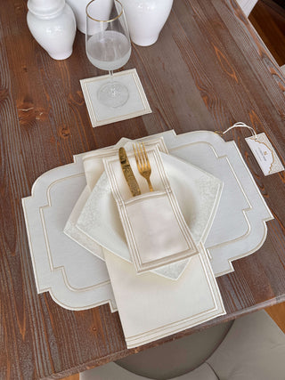 Nova Belle Design Off White and Shine Gold Placemat Set - Waterproof Fabric - 6 Persons - 24 Pcs. Full Set