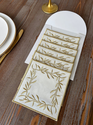 Flower Design Cocktail Napkin - Waterproof Fabric - Shine Gold Embroidered