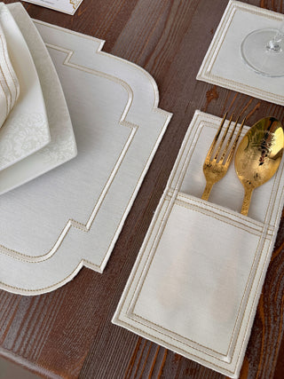 Nova Belle Design Off White and Shine Gold Placemat Set - Waterproof Fabric - 6 Persons - 24 Pcs. Full Set