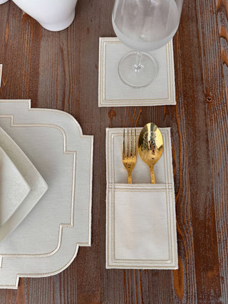 Nova Belle Design Off White and Shine Gold Placemat Set - Waterproof Fabric - 6 Persons - 24 Pcs. Full Set