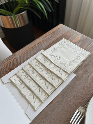 Flower Design Cocktail Napkin - Waterproof Fabric - Shine Silver Embroidered